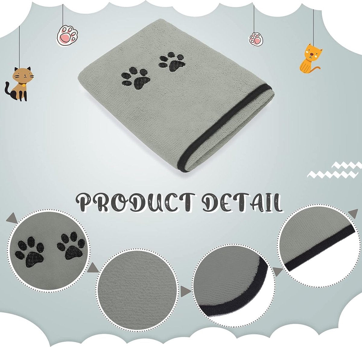 Set van 4 hondenhanddoeken, microvezel handdoeken, zacht, absorberend, voor huisdieren, badhanddoek voor honden, droogdoek voor vachtverzorging met geborduurde poten voor katten, baden, verzorging (grijs, 90 x 50 cm)