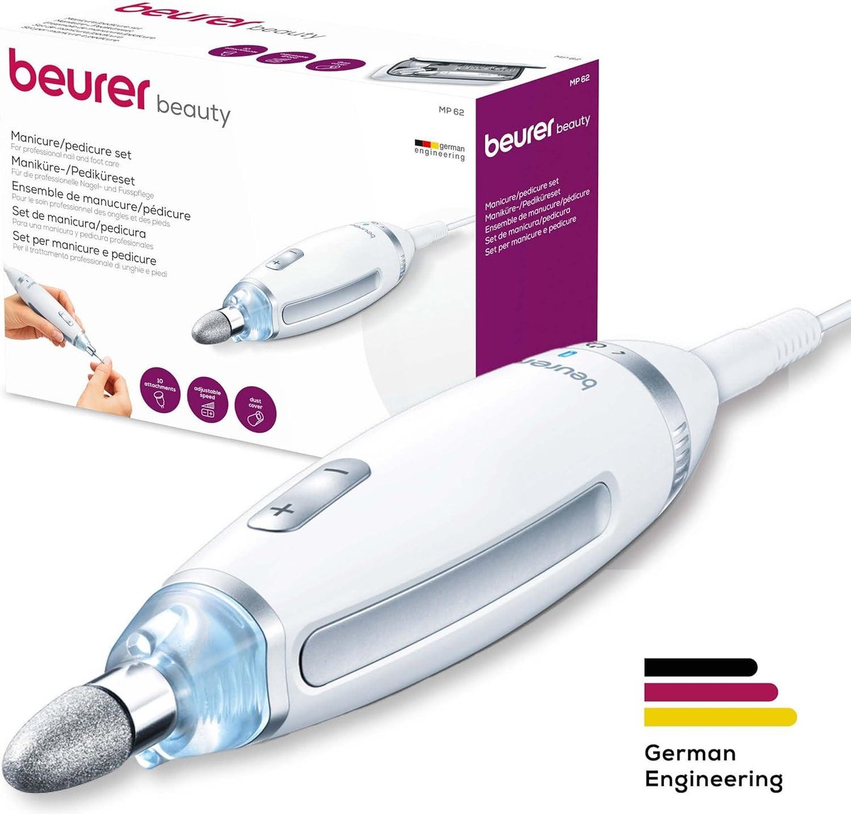 Beurer MP 62 manicure-pedicureset - elektrische nagelvijl met 10 hoogwaardige nagelverzorgingshulpstukken - LED-licht - traploze snelheidsregeling - opbergetui - html-content nodig Nagelvijl elektrisch