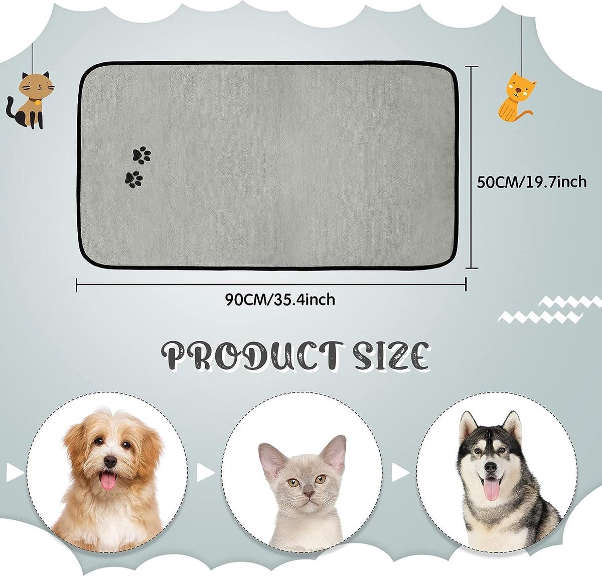 Set van 4 hondenhanddoeken, microvezel handdoeken, zacht, absorberend, voor huisdieren, badhanddoek voor honden, droogdoek voor vachtverzorging met geborduurde poten voor katten, baden, verzorging (grijs, 90 x 50 cm)
