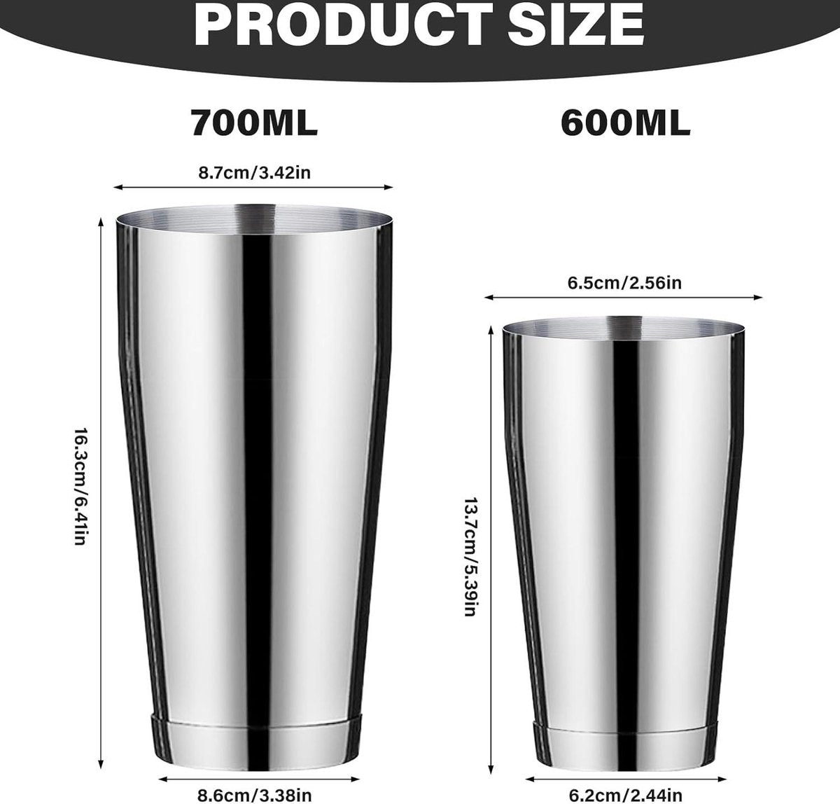 Cocktailset 2-delige roestvrijstalen Boston shaker set 600 ml + 700 ml - voor professionele barkeepers thuis - barfeestjes cocktailliefhebbers
