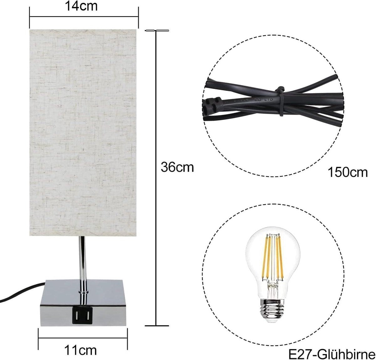 Dimbare Aanraakbare Tafellamp - Warm Wit E27 USB-Oplaadfunctie - Stoffen Lampenkap voor Slaapkamer en Nachtkastje
