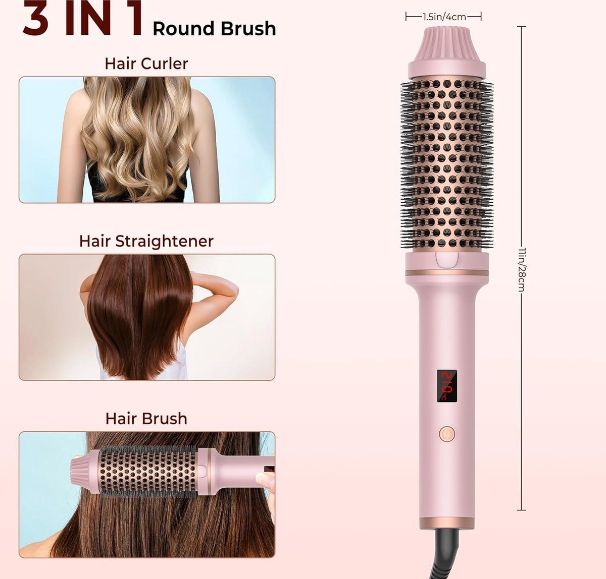 Föhnborstel 38mm Thermal Brush - Warme luchtborstel haarstyling krultang volume haarkam - Ronde borstel dubbele spanning stylingborstels voor op reis - Cadeaus voor vrouwen - Hot brush LCD-display - 120-210 °C