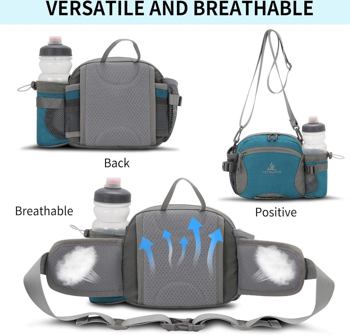 Waterproof hip bag with water bottle holder - large capacity - dog walking - travel - sport - Blue L
