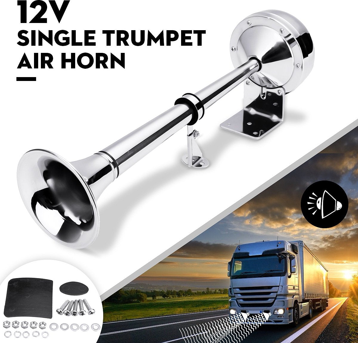 RVS Scheepshoorn - RVS Hoorn - Elektrische Hoorn - Elektrische Scheepshoorn - Elektrische Hoorn/Toeter - 130 dB - 12V - 40cm - Voor Boot, Auto & Vrachtwagen - Zilver