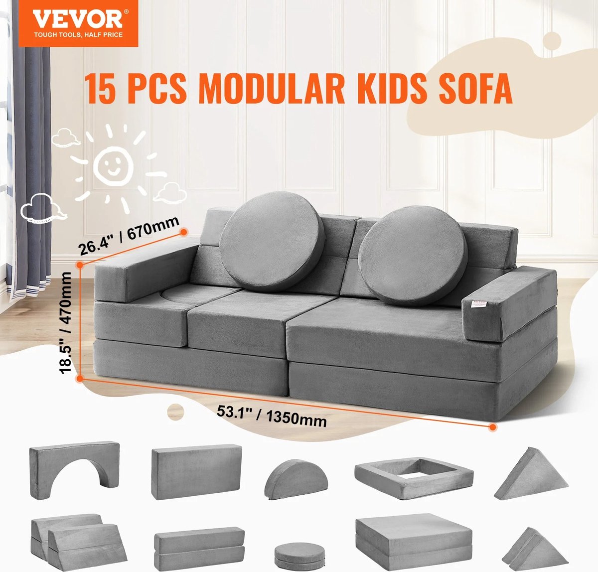 Roxana® Bank - Kinderbank - Speelbank - Foam/Sponge - Grijs - Geometrische Vormen - Play Couch Kids