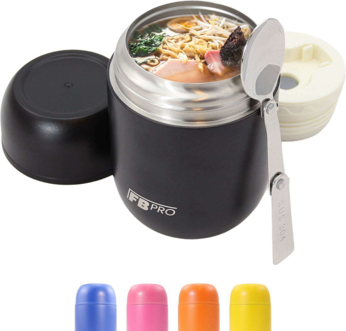 Thermos voedselcontainer met lepel - Thermoskan - Thermosbeker voor het meenemen van eten - Voedselcontainer voor soep, noodles, babyvoeding, havermout, ijs en meer! - Yoghurtbeker to go - Blauw en Zwart - 420ml