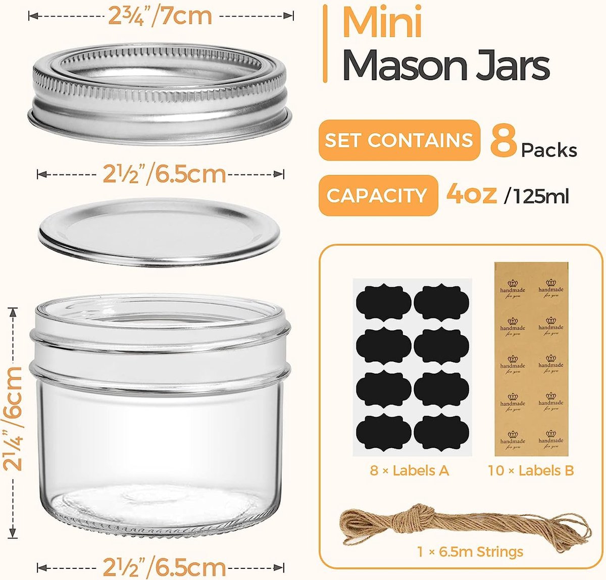 125 ml weckpotten met schroefdeksel en stickers, jampotten, set van 8, kleine weckpotten met deksel voor kruiden, zelfgemaakte gerechten, gelei, jam, yoghurtpotten, glazen pot met deksel