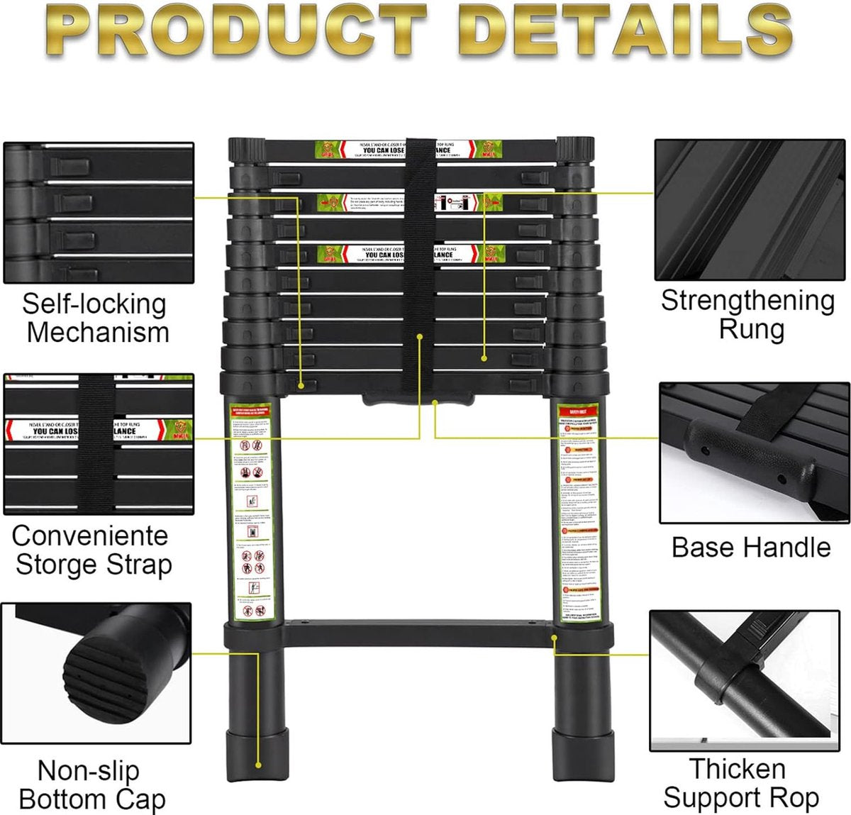 Telescopische ladder, huishoudladder, vouwladder, schuifladder, multifunctionele ladder, draagbare schuifladder van hoogwaardig aluminium, maximale belasting 150 kg/330 lb, 2,6 m/8,5 ft
