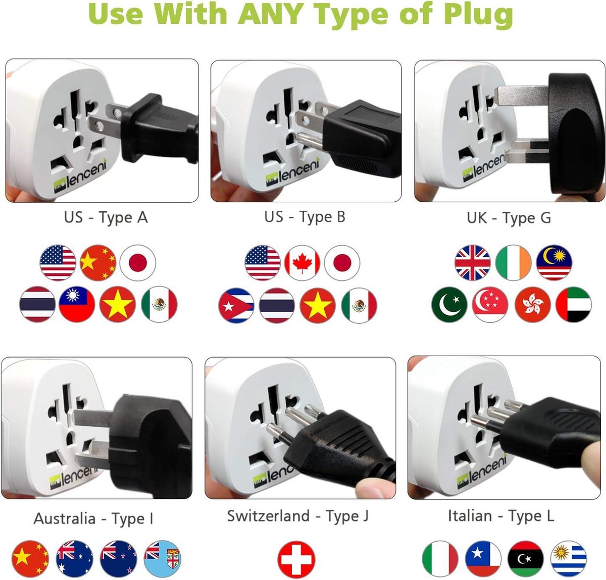 Universele Adapter Reisadapter Wereldwijd - NL/EU/DE AC-paneel - Type A/B/G/I/J VK - Engels Engeland/Amerika/CN/Australië/JP/Italië/Zwitserland - Nederland - Universeelste Stekkeradapter