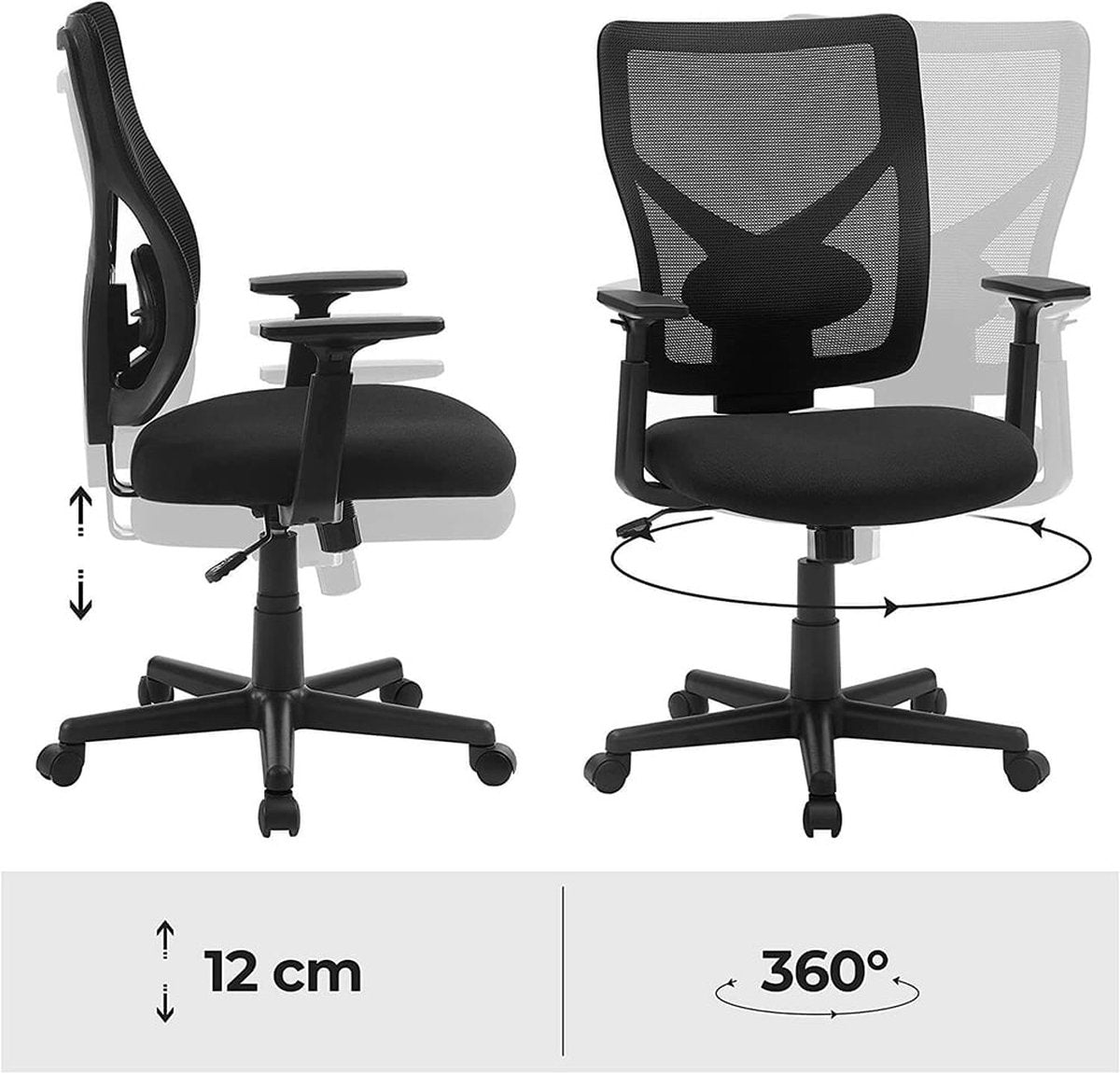 Ergonomic Office Chair with Wheels - With Adjustable Armrests - Office Chair for Adults - Office Chair - Black
