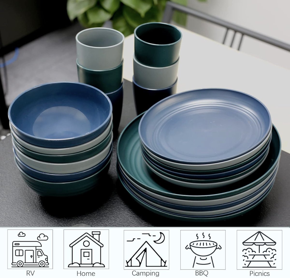 Camping Dinnerware Set, 24-piece Plastic Dinner Set for 6 People, Lightweight Break-Resistant Dinnerware Set, Detachable Plates, Bowls, and Cups, Microwave and Dishwasher Safe