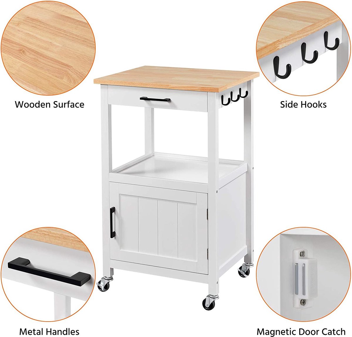 Kitchen cart on wheels, serving cart with cabinet and shelf, wooden worktop, rolling cart 55 x 45 x 89 cm, kitchen trolley in country style, white
