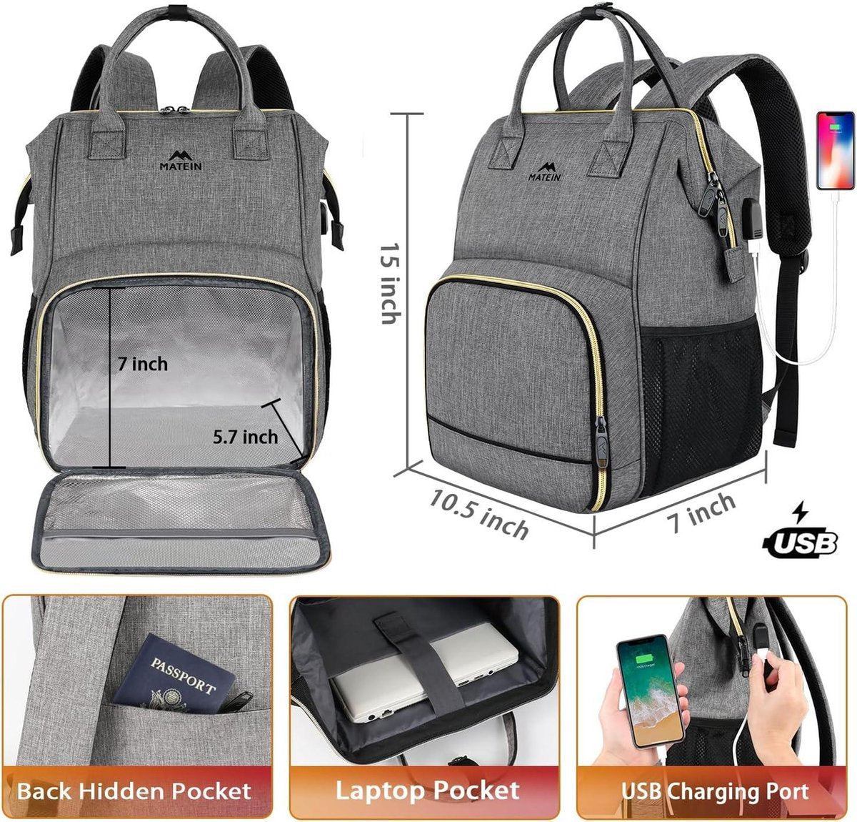 Laptop lunchrugzak voor dames 15,6 inch met geïsoleerd koelvak en USB-poort - Grijs, waterbestendige damesrugzak