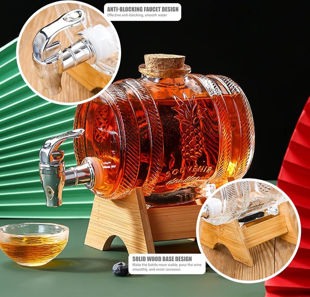 Whiskey Karaf 1000ml met Houten Standaard - Drankdispenser voor Wijn - Glazen Wijnvat met Kraan - Scotch Bourbon Vodka Rum Likeur - Feestdrankje - Cadeaus voor Vriend Man Vader