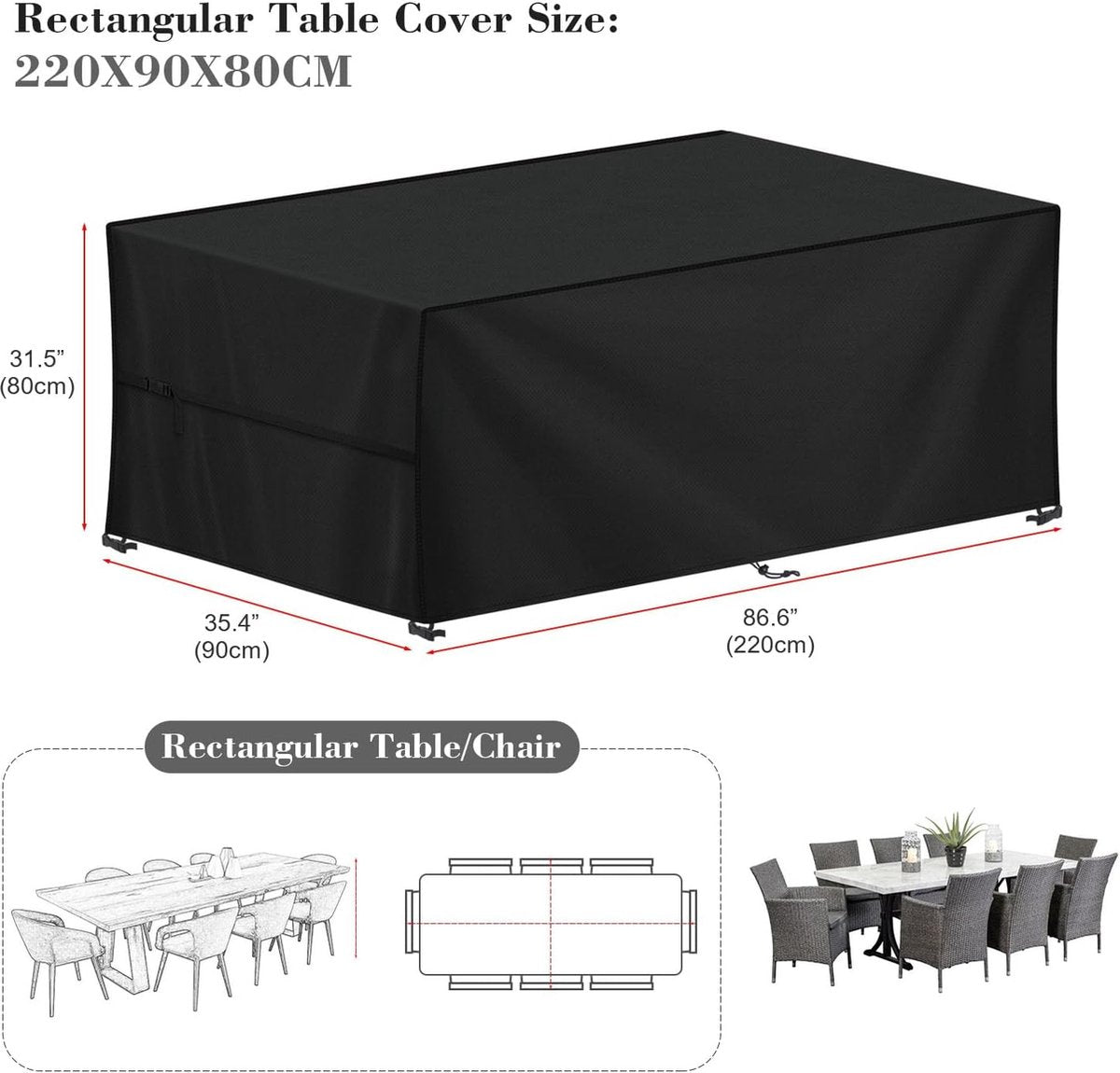 Tuinmeubelhoezen, 220 x 90 x 80 cm, afdekzeil voor loungesofa, tuintafel, waterdicht, beschermhoes voor tuinmeubelen, afdekhoezen voor lounge- en rotanmeubels