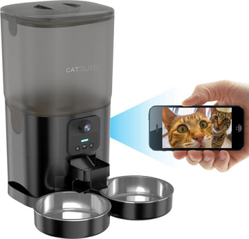 CatEliteÂ® - Automatische Voerbak Kat Dubbel - Dual WiFi 5GHz & 2.4GHz - HD Camera & Audio - Night Vision - Voerautomaat met Smart App - 7L Voerdispenser RVS - Zwart - Incl. E-book