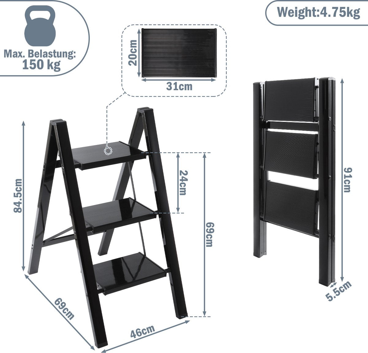 Stepladder Folding Ladder 3 Steps Kitchen Step Stool Foldable - Anti-Slip - Step Ladder Alu Black