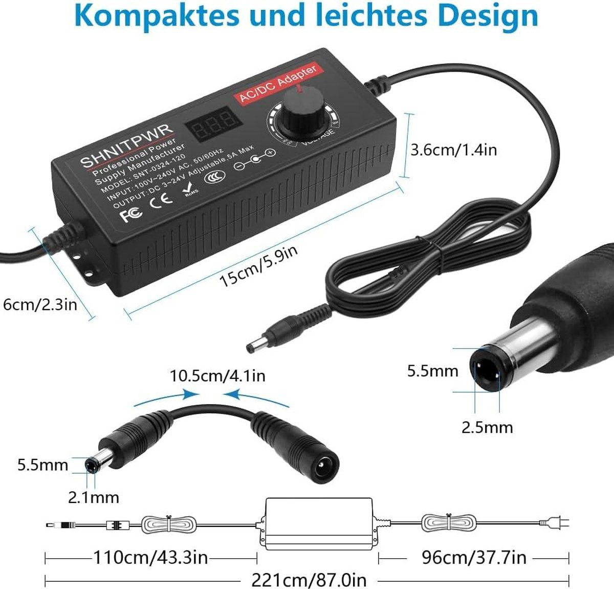 Universal Power Supply 3 V ~ 24 V 120 W 5 A - Switching Adapter with Adapter Plug - Electronic Devices Photo Frame Baby Monitor Camera LED Strips - 5000 mA max