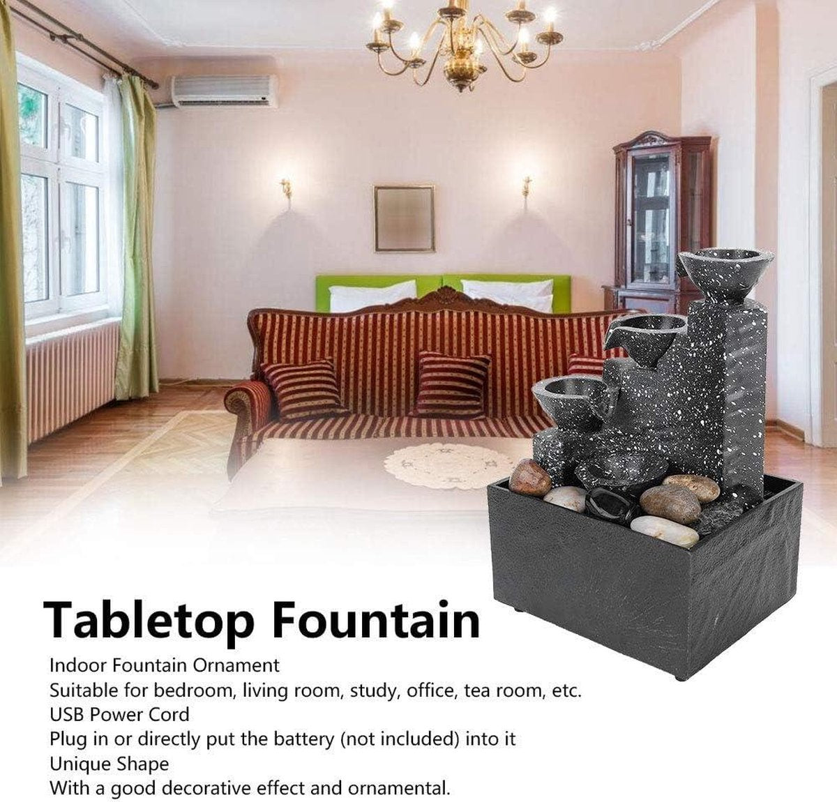 Waterfontein Tafelblad Fontein Decoraties USB Desktop Waterfontein Ornament met Onregelmatige Stenen LED-verlichting voor Thuis-Kantoor-Slaapkamer-Bureau