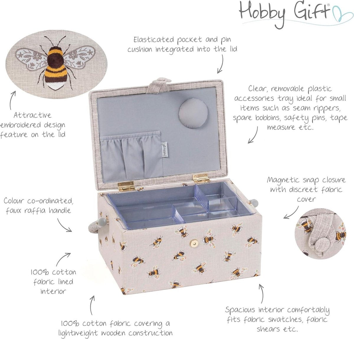 Sewing Box Hobby Gift - Exclusive medium craft box with accessory drawer and pincushion - PVC handle - 185 x 255 x 145 cm - Embroidered Bees Sewing Box