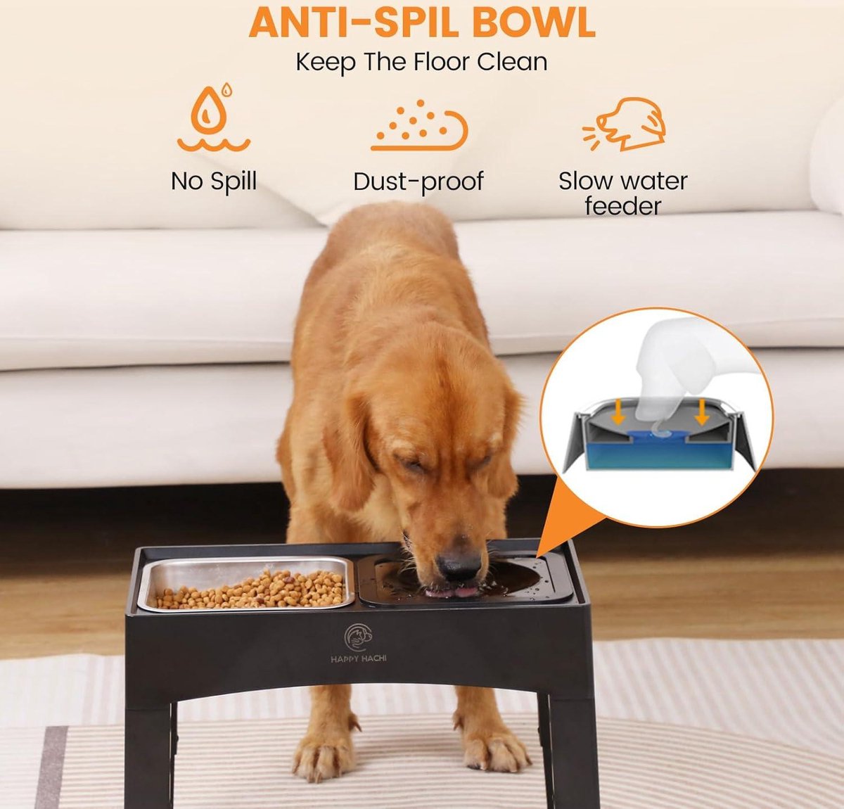Raised Dog Bowl 16L - Stainless Steel - No Spill - 4 Adjustable Heights - Large Dogs