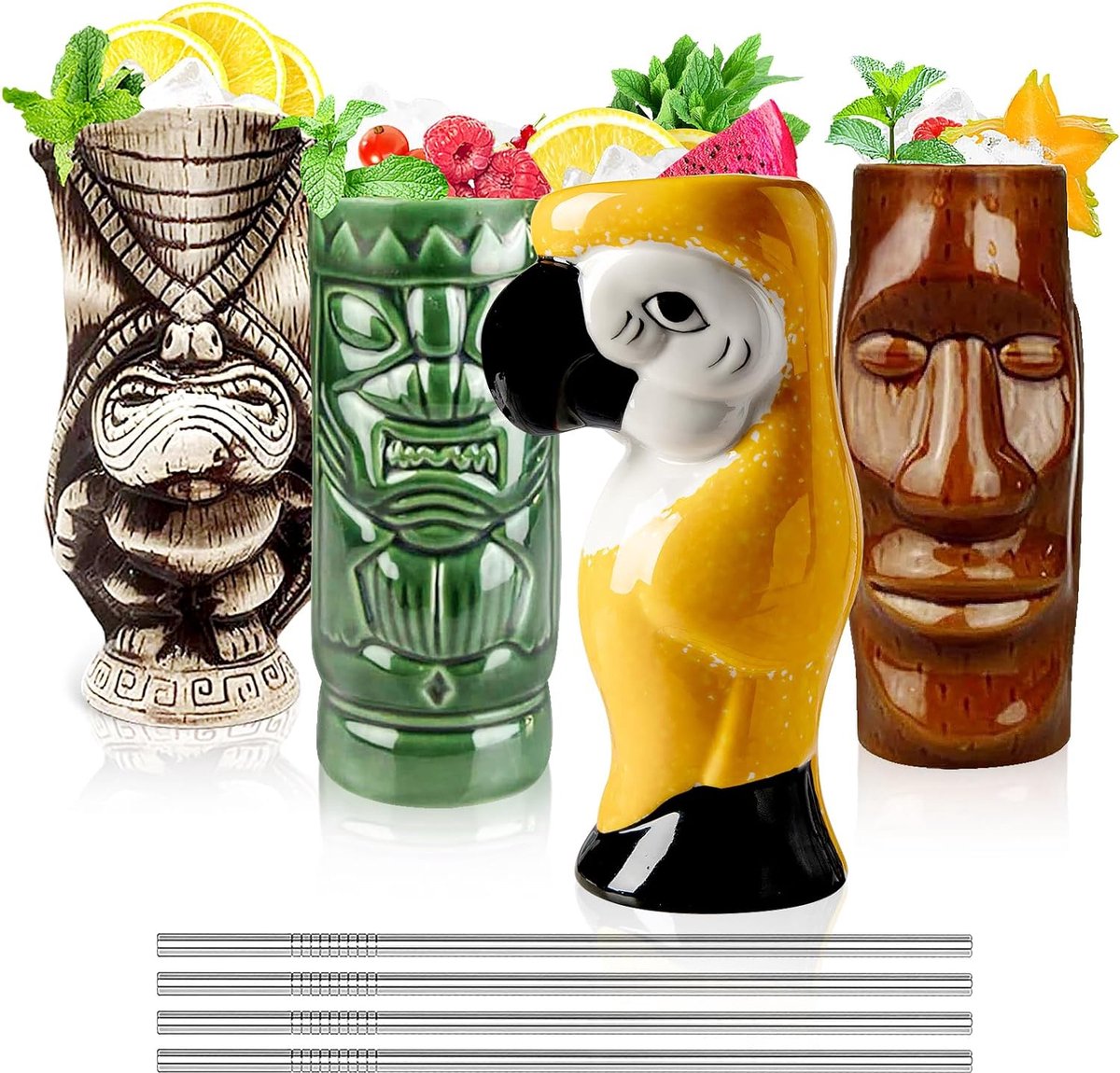 Cocktailglazen, Tiki Mokken, Set van 4 Keramische Mokken, Tropische Mokken, Hawaiiaans Tiki Feest, Creatief Cocktailglas, Drankjes, Grote Bar Drankjes, Leuke Bar Servies, 4-delig cadeau, Geel.