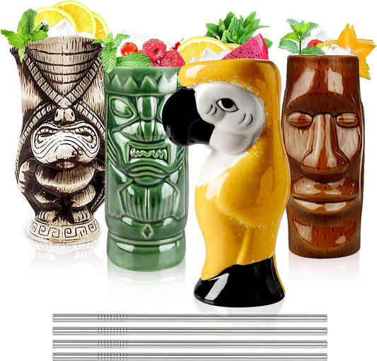 Cocktailglazen, Tiki Mokken, Set van 4 Keramische Mokken, Tropische Mokken, Hawaiiaans Tiki Feest, Creatief Cocktailglas, Drankjes, Grote Bar Drankjes, Leuke Bar Servies, 4-delig cadeau, Geel.