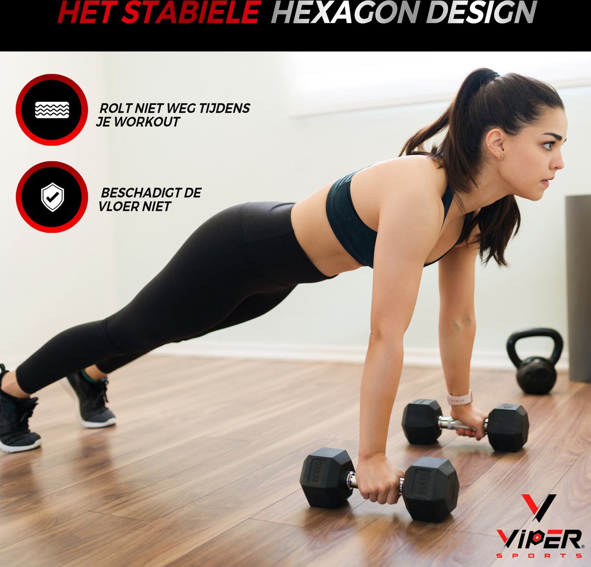 Viper Sports IJzer Zwart Gewicht 22.5 kg – Dumbbells – Antislip – Zeshoekig ontwerp – Hexagon-Design - RVS/Rubber – Zilver/Zwart - 1 Stuk