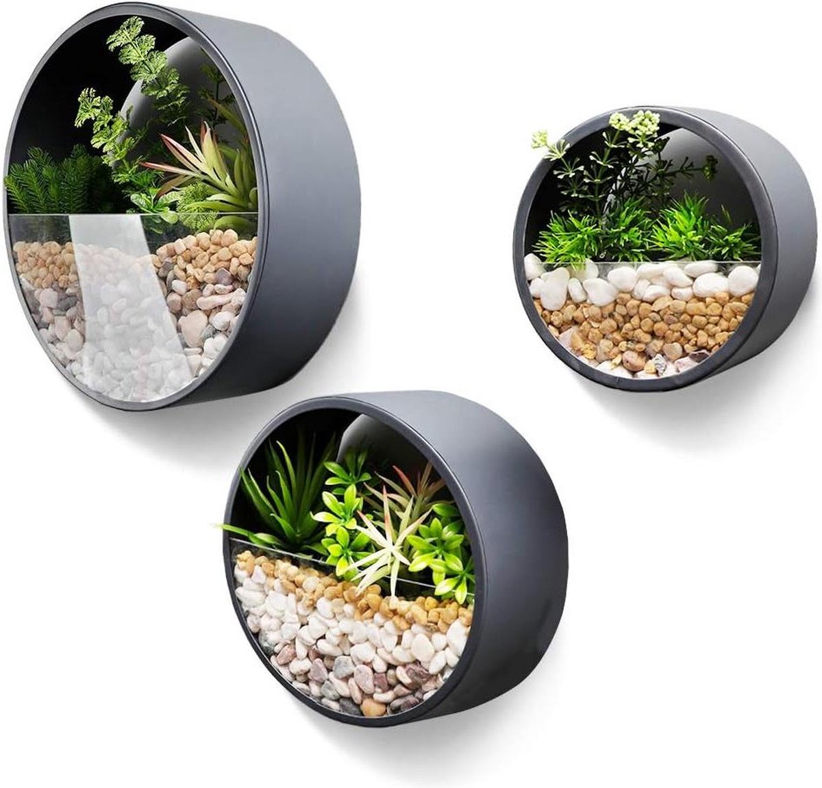 Plantenbak - Set van 3 metalen ronde plantenbakken voor aan de muur, hangende muurvaas, bloempot voor binnen woondecor benodigdheden voor planten, cactus, vetplanten, sappig mos donkergrijs - hangend - 10 cm dik