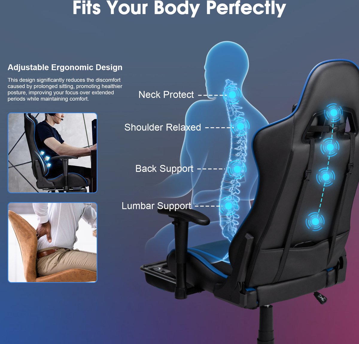 PU Massagestoel met voetenbank - Ergonomische Gamestoel - 175° - Bureaustoel - Blauw&Zwart