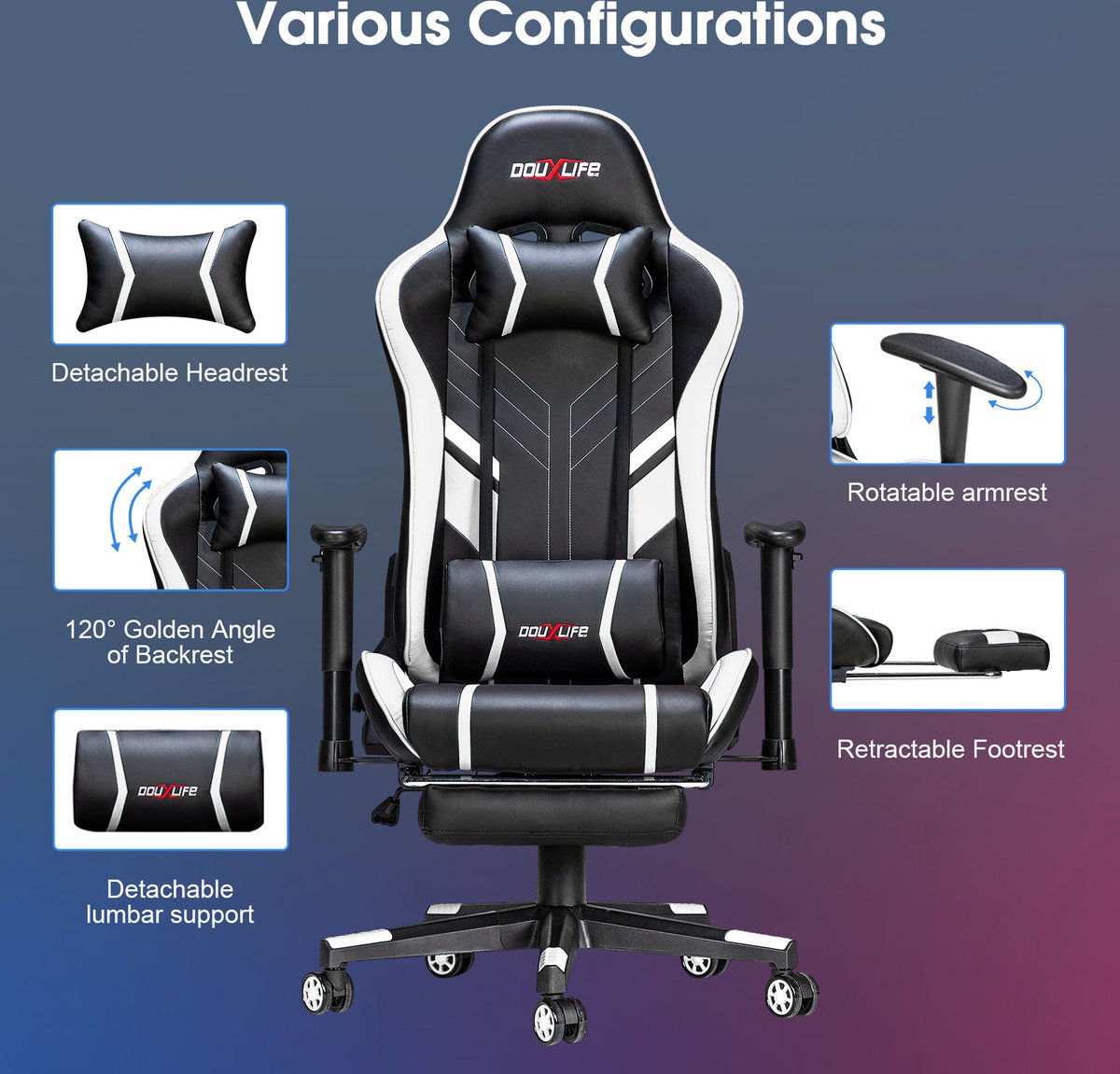 PU Massage Gaming Chair with Footrest - Ergonomic Gaming Chair - 175° - Office Chair - White&Black