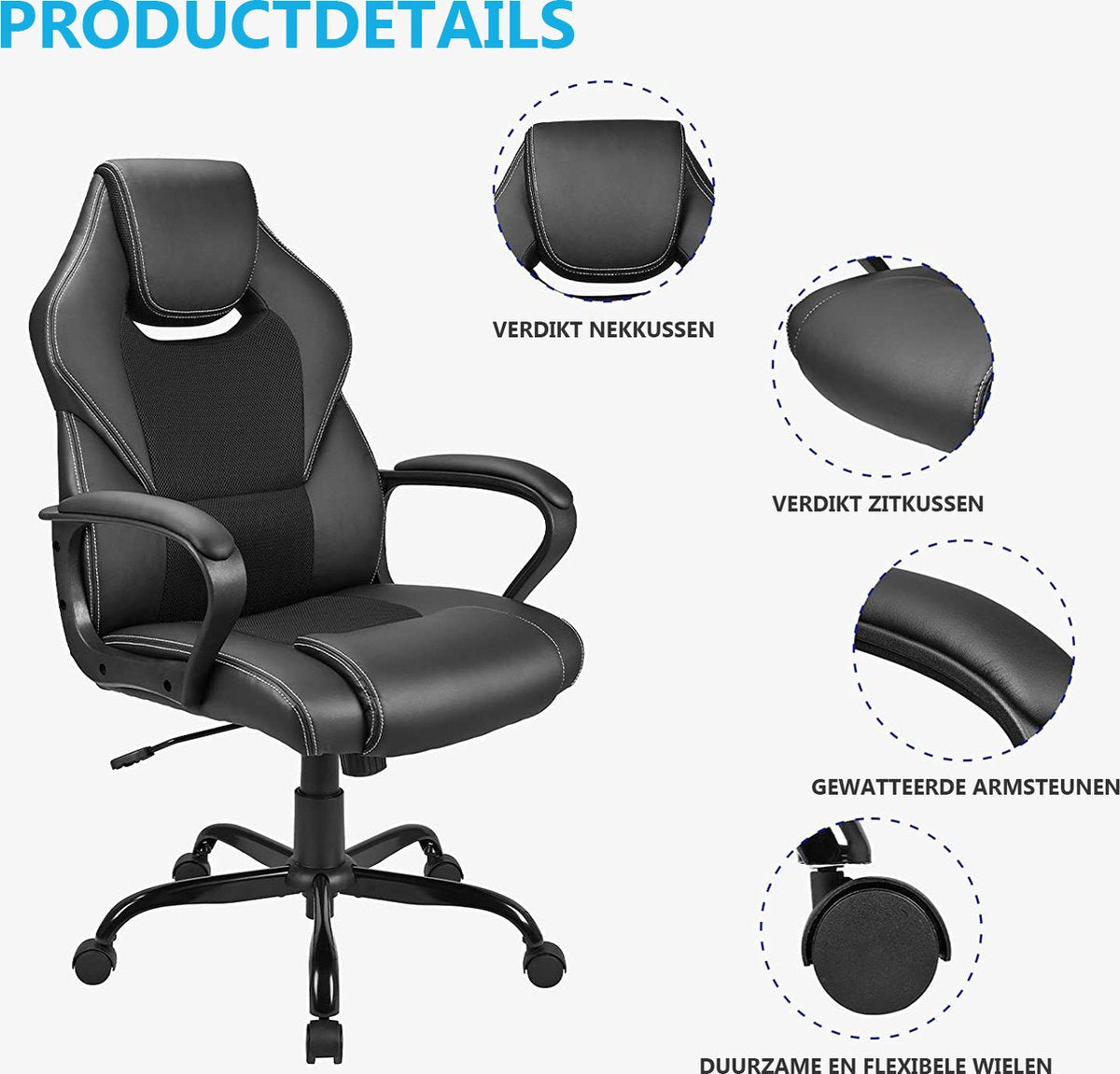 Luxe Ergonomische Bureaustoel Met Kantelmechanisme - Directie Managerstoel Ergonomisch - Ergonomische Luxe Racing Style Design Game Computer Stoel - Voor Gamen/Kantoor/Thuiswerken - Extra Dikke Vulling - Kunstleer - Zwart