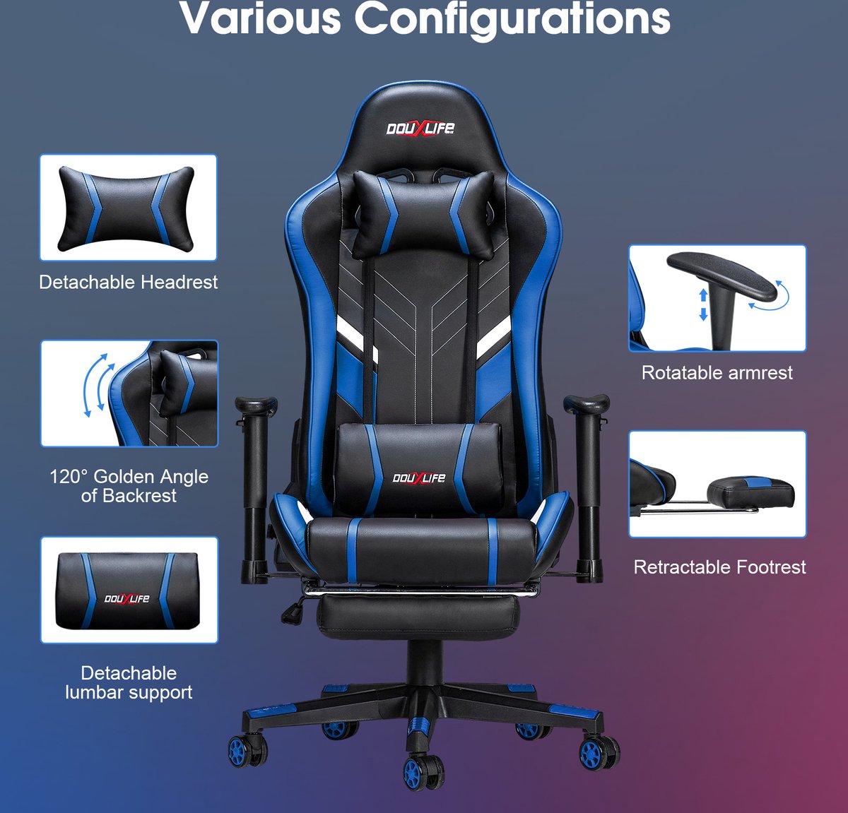 PU Massagestoel met voetenbank - Ergonomische Gamestoel - 175° - Bureaustoel - Blauw&Zwart