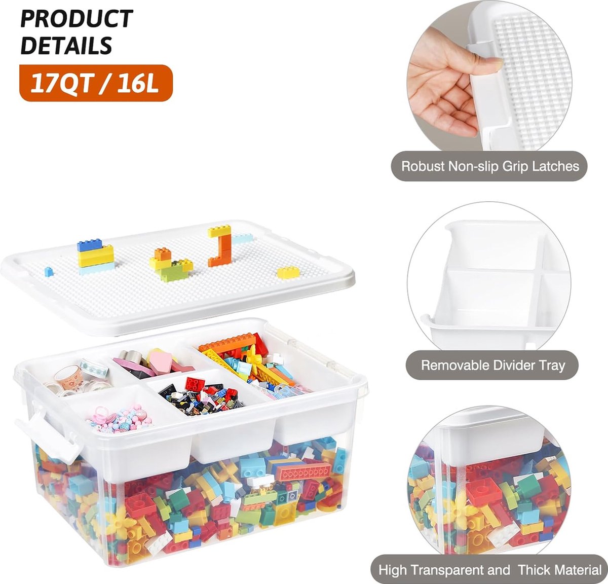 Storage box for building blocks, storage compartments, 3 pieces, stackable boxes, toy storage with lid and building plate, stacking boxes, plastic sorting boxes, organizer box for small parts, children's toy box