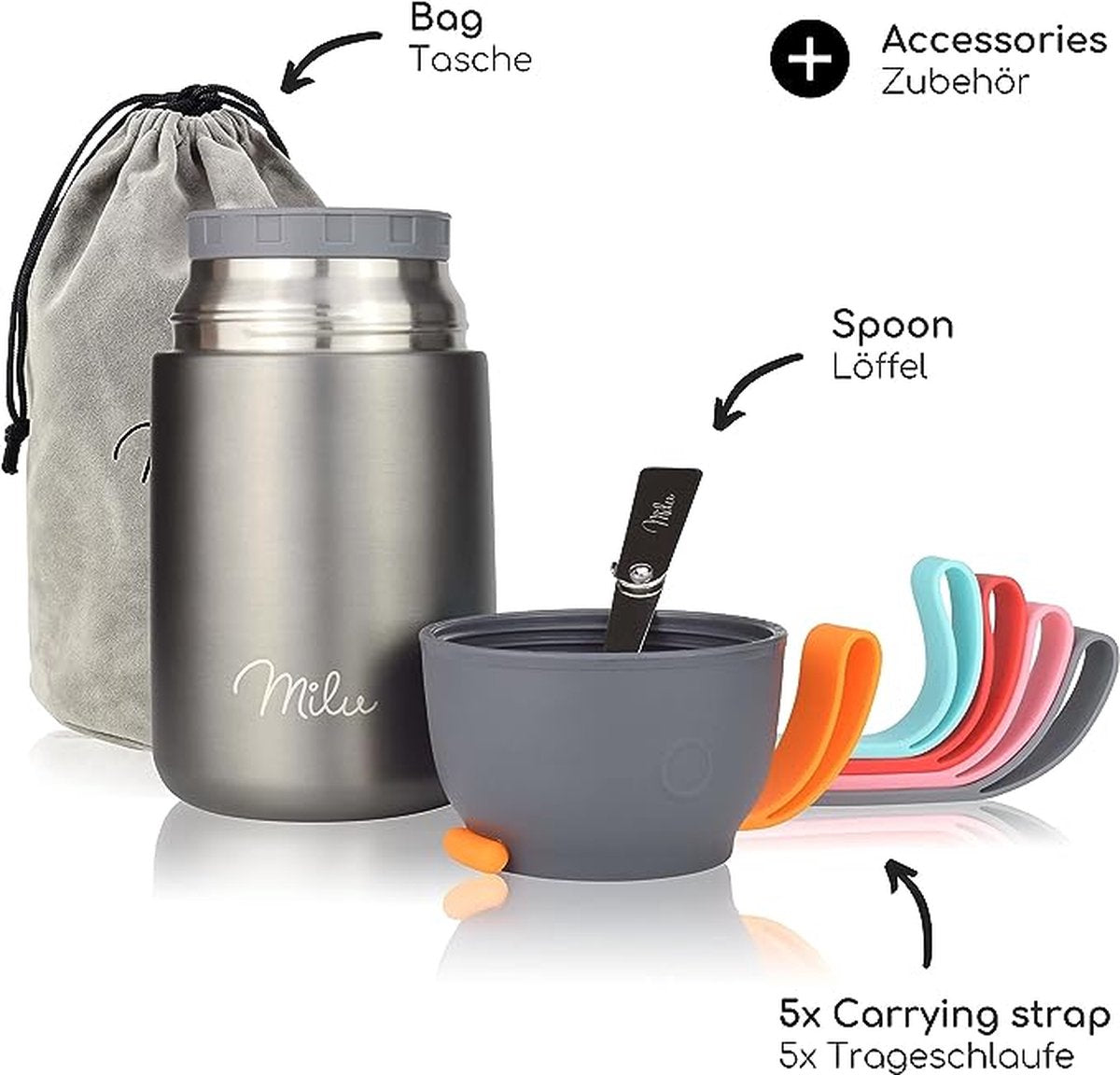 Thermo lunchbox 450, 650, 800 ml | Roestvrijstalen isolatiehouder voor warme gerechten, eten, babyvoeding, soep, fruit | Thermobox voor baby | Thermodoos (Grijs, 650ml)