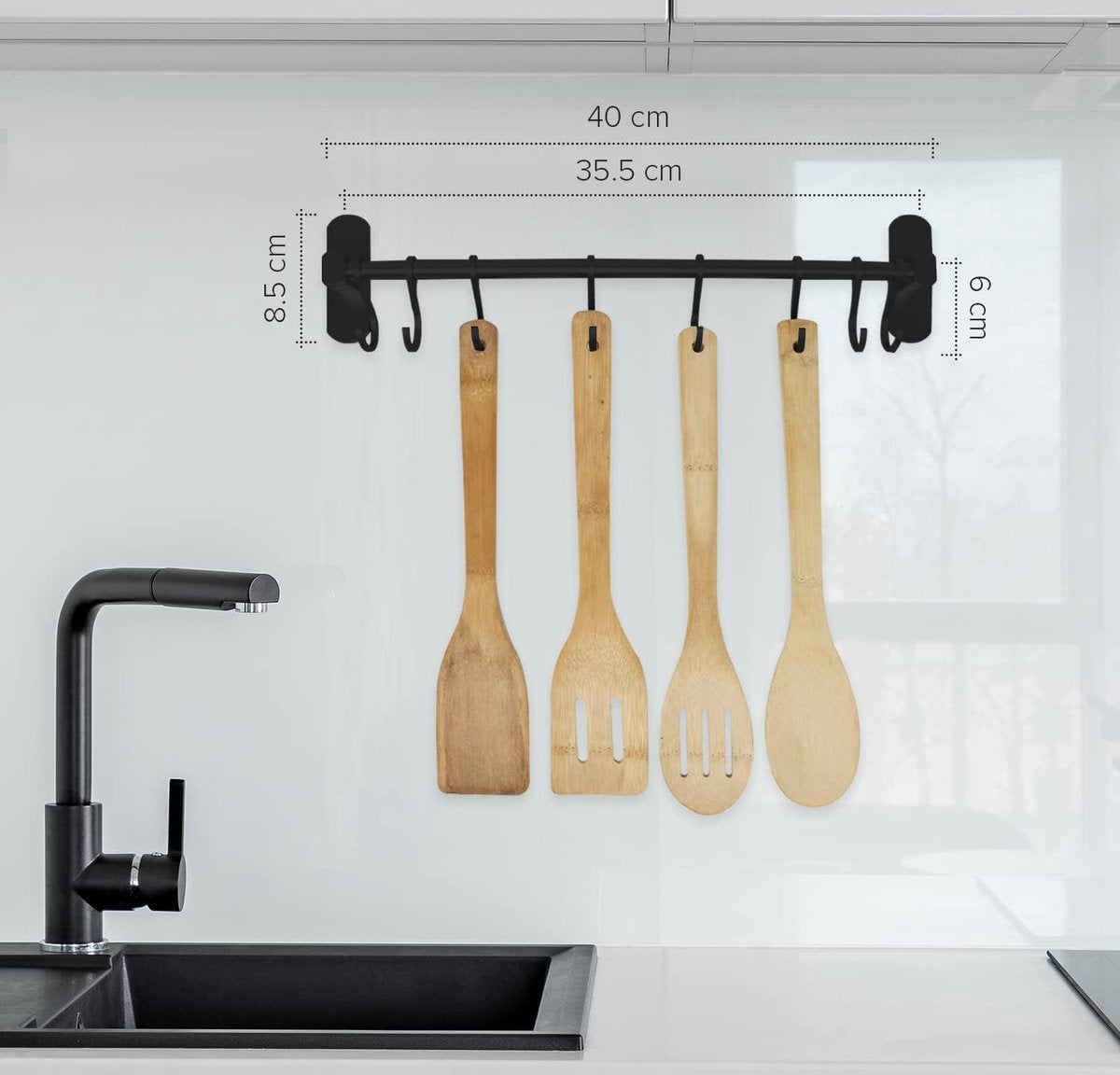 Zelfklevende keukengereihouder zwart - 40 cm - 8 haken - organizer voor keuken, badkamer & garage - keukenstang