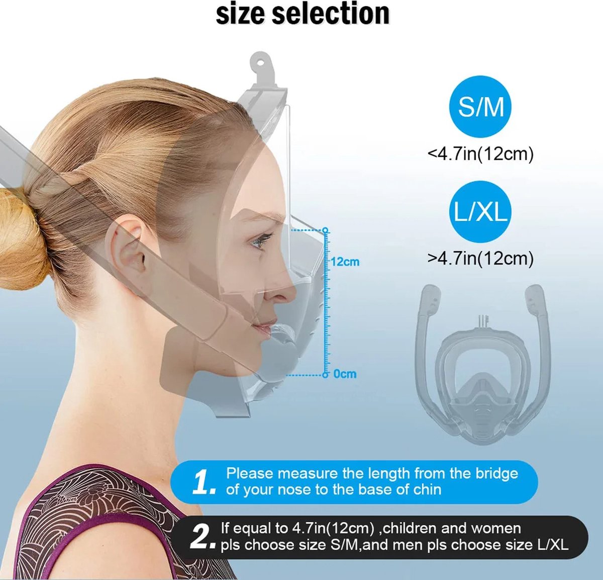 Full Face Snorkel Mask 180° Panoramic View – Silicone Dry Top Snorkel Goggles with 2 Snorkels – Anti-Fog and Anti-Leak – Snorkeling and Diving – Size S/M