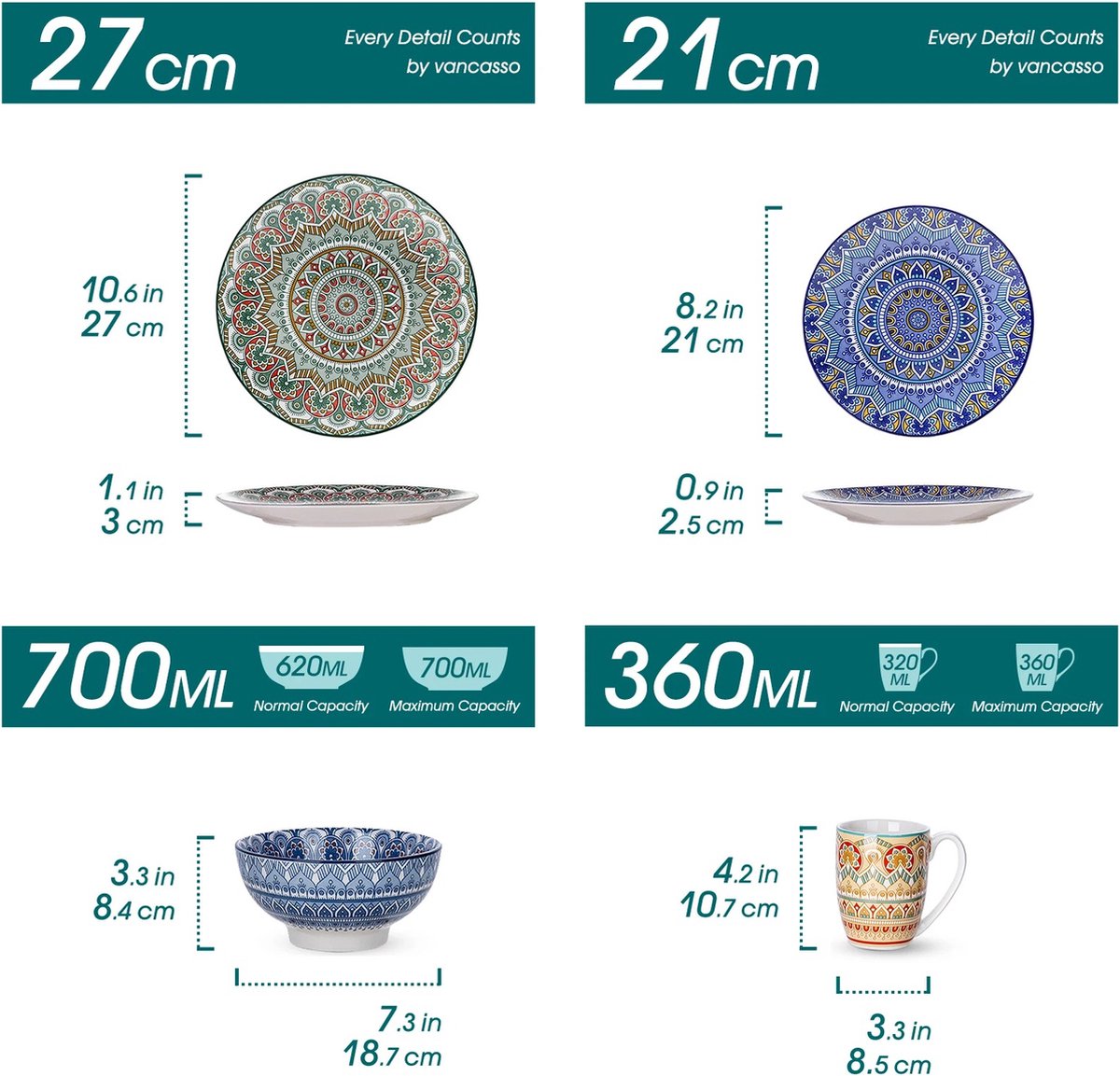 Serviesset - Serviessets - Serviesset 4 personen - Boheems Patroon - Porselein - 16-Delig Servies - Dinerbord - Dessertbord - Kom - Mok