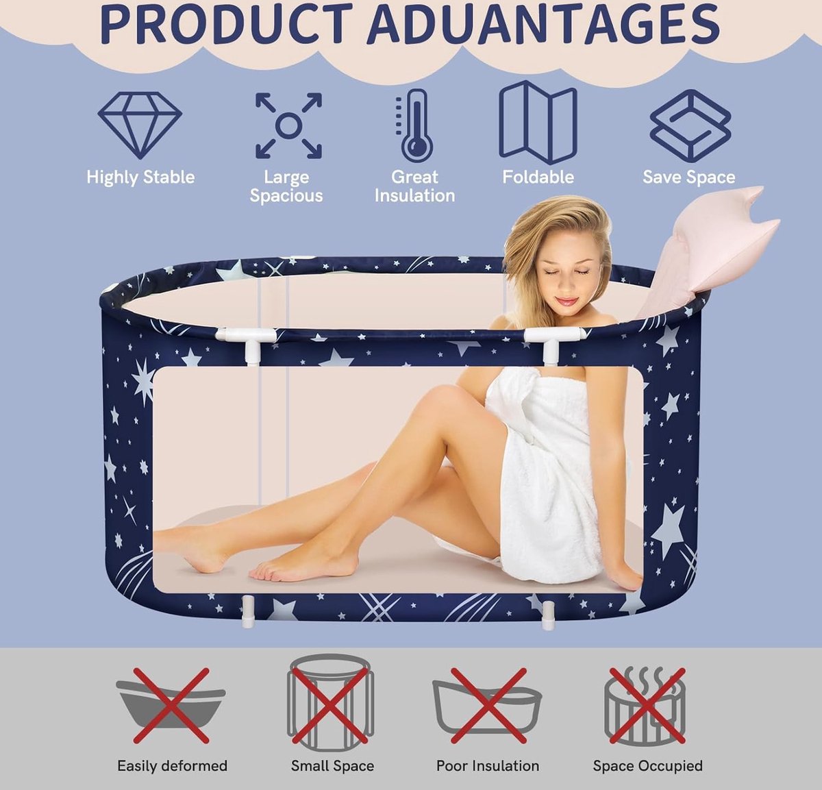 Foldable bathtub for adults, bathtub for shower, collapsible bathtub, mobile bathtub portable with inflatable pillow, ideal for home spa, 115 x 63 x 50 cm