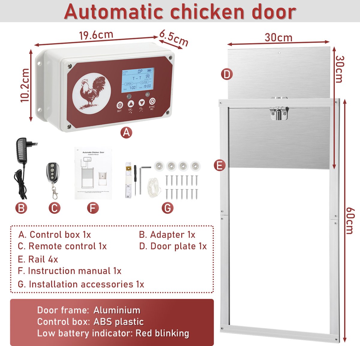 7.8W Chicken Door - Automatic Chicken Coop Door - Chicken Coop Door with Controller - Chicken Door with Timer and Light Sensor - Aluminum/30x 30 cm
