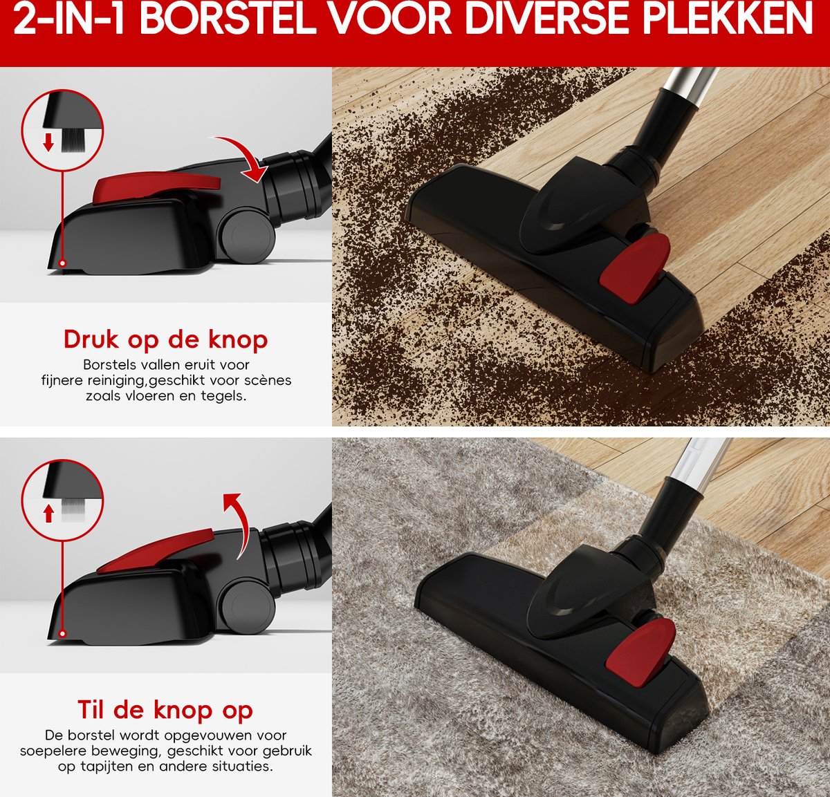 Elekiatech Steelstofzuiger - 25000Pa - 5m Snoer - 600W - 4-in-1 HEPA Filter - 1.3L Capaciteit
