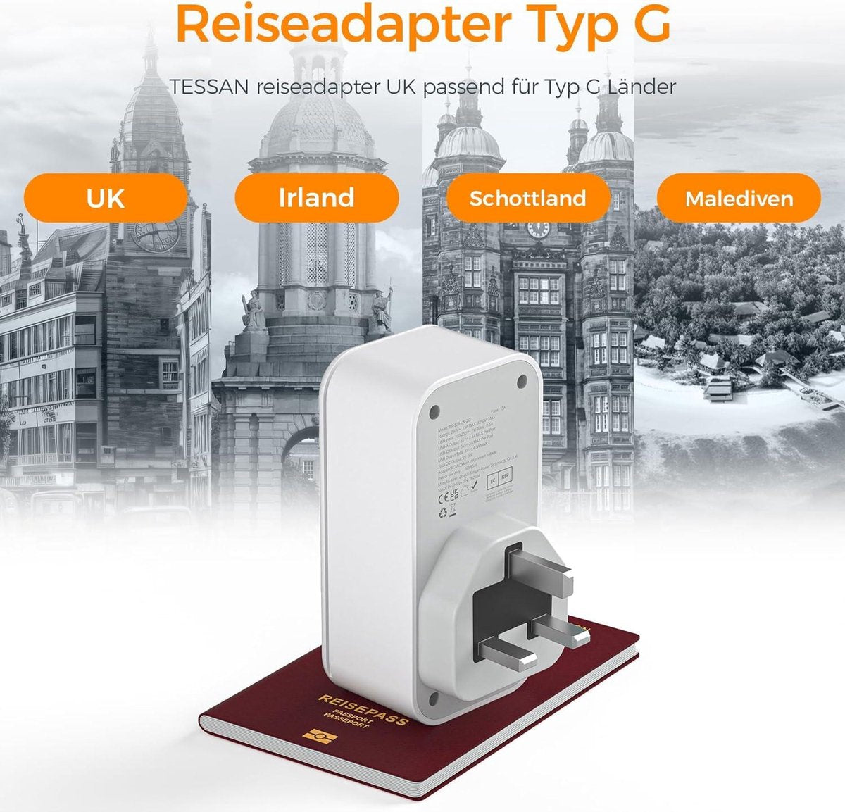 Reisadapter UK met USB C USB A - 6-in-1 Stopcontactadapter Engeland Schotland Type G - Londen Ierland.