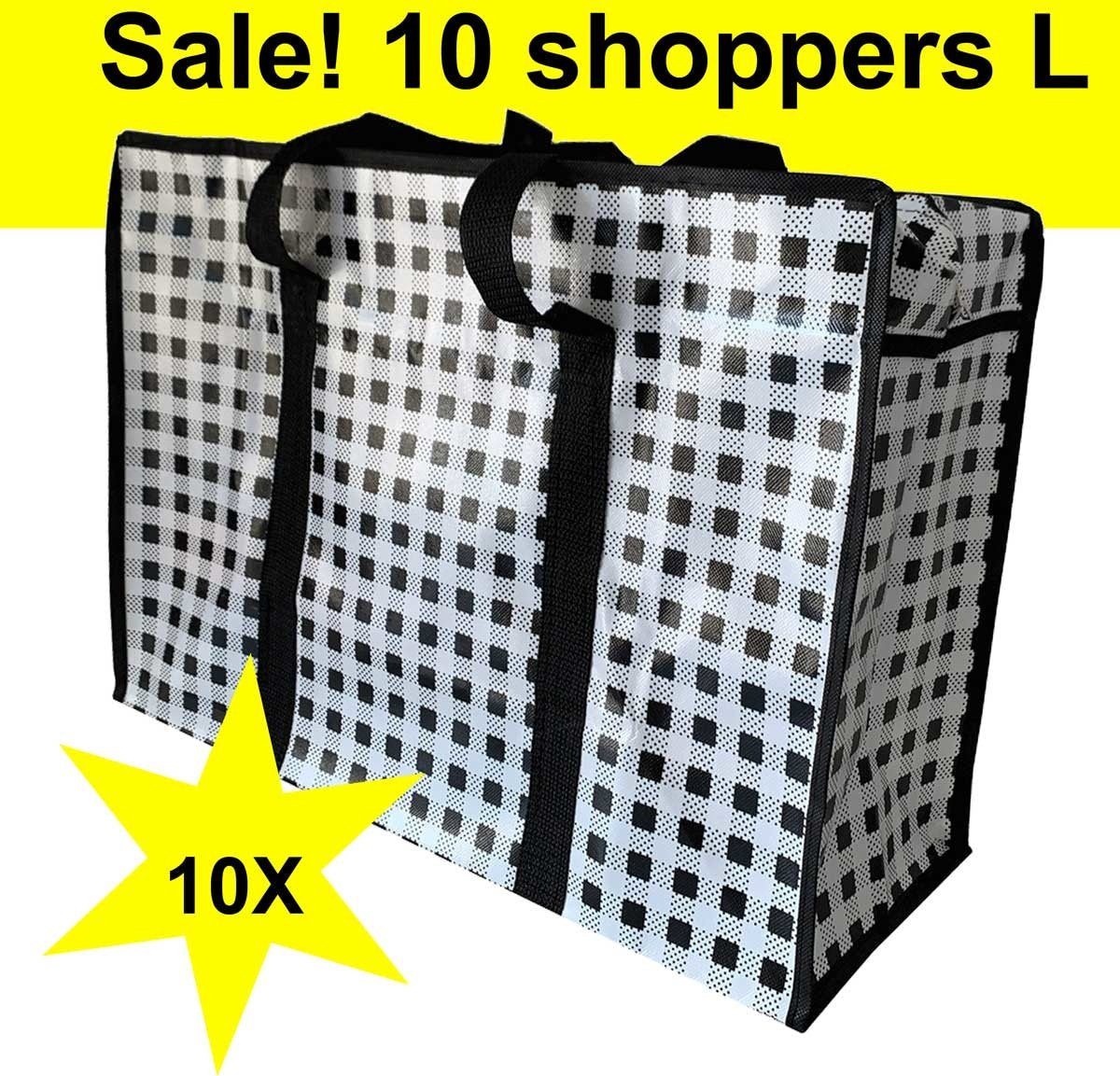 Big Shoppers with zipper (10 pieces) - 60 x 45 cm - Checked - Black - Set of 10
