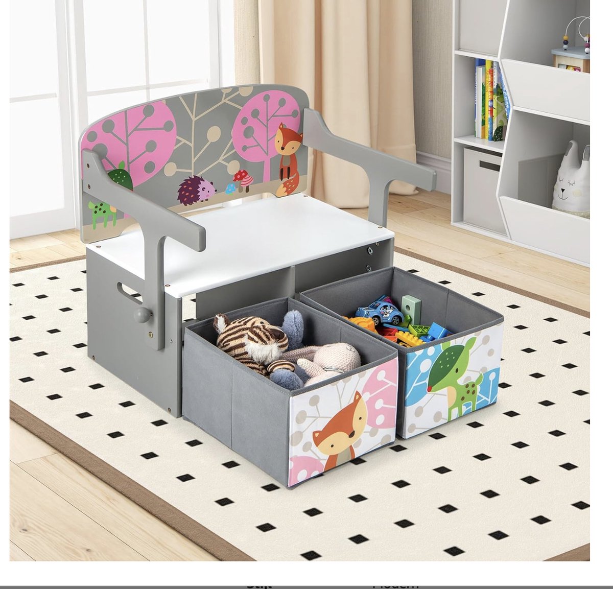 3-in-1 kindertafel met bankje, kinderzitgroep met 2 uitneembare manden, kinderbankje met opbergruimte, speelgoedkist met rugleuning, zitkist voor kinderkamer, grijs