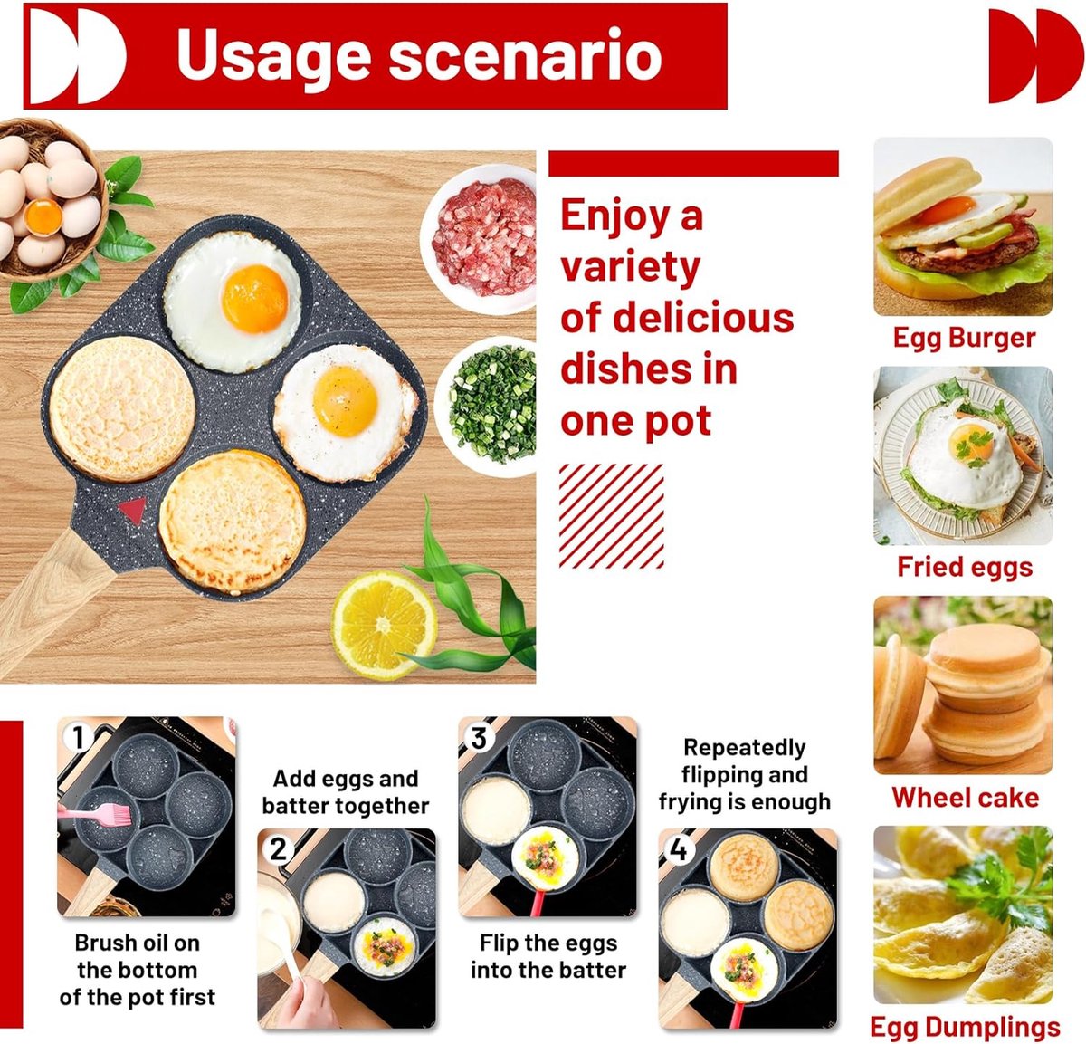 Pannenkoekenpan Inductie, 4-gaats gebakken ei pan met anti-brandwond handvat, Anti-aanbak oogpan voor inductiekookplaat, gasfornuis, voor het maken van ontbijt, gebakken ei, pannenkoeken, steaks, hamburgers.