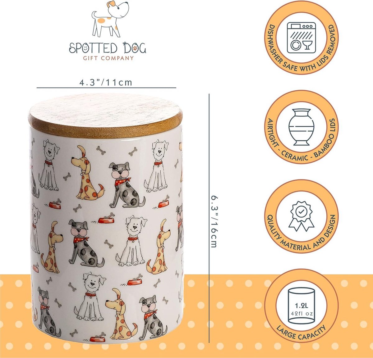 Ceramic Storage Jars Set of 3 - Kitchen Storage Containers - Airtight Bamboo Lids - Cute Kitchen Accessories - Gifts for Dog Lovers - 1200ml