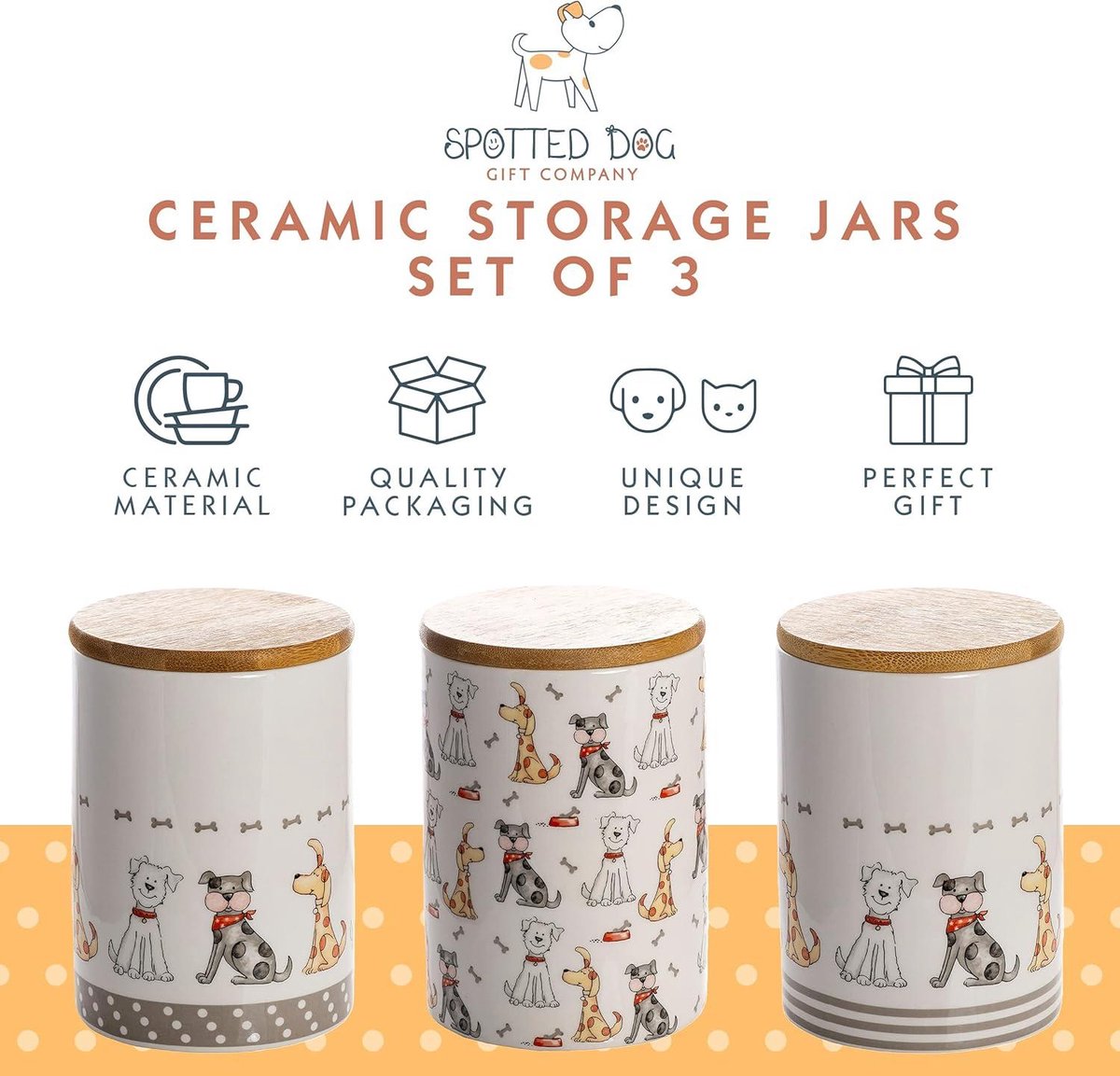 Ceramic Storage Jars Set of 3 - Kitchen Storage Containers - Airtight Bamboo Lids - Cute Kitchen Accessories - Gifts for Dog Lovers - 1200ml