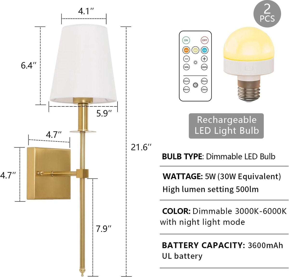 Indoor Wandlamp Draadloos Dimbaar USB Oplaadbaar Met Afstandsbediening - Wandverlichting Oplaadbaar Nachtlampje Slaapkamer Woonkamer Trap Hal - Goud - 2 Stuks