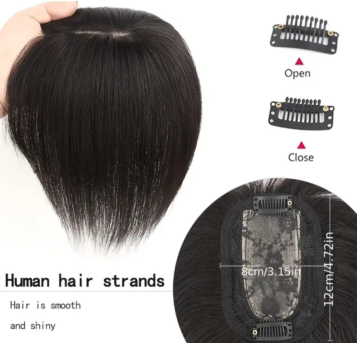 100% Echthaar Extensions Pruik zur Abdeckung von grauem Haar oder Glatzen oder für mehr Volumen. Schwarzer Haartopper mit Pony