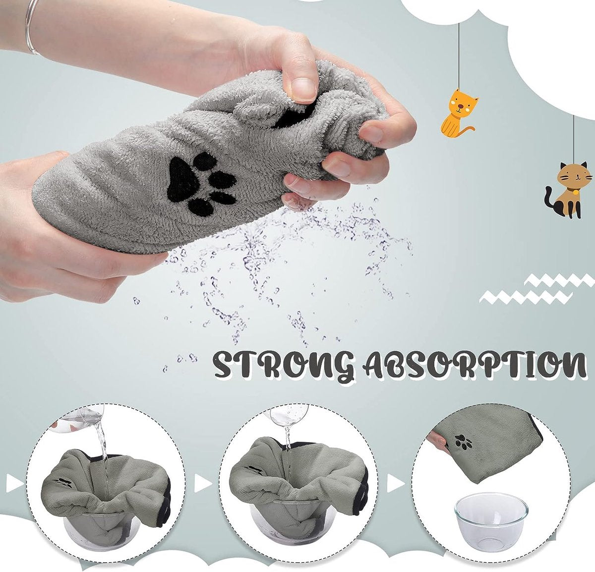 Set van 4 hondenhanddoeken, microvezel handdoeken, zacht, absorberend, voor huisdieren, badhanddoek voor honden, droogdoek voor vachtverzorging met geborduurde poten voor katten, baden, verzorging (grijs, 90 x 50 cm)